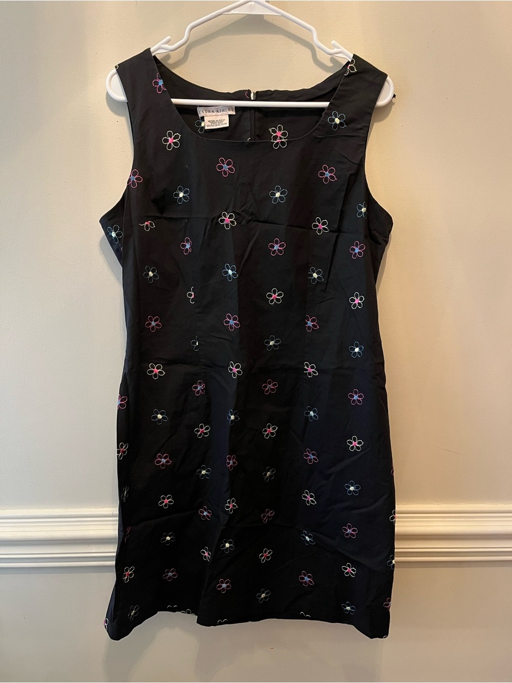 Laura Ashley Black Sleeveless Midi Dress with Multicolor Floral Embroidery